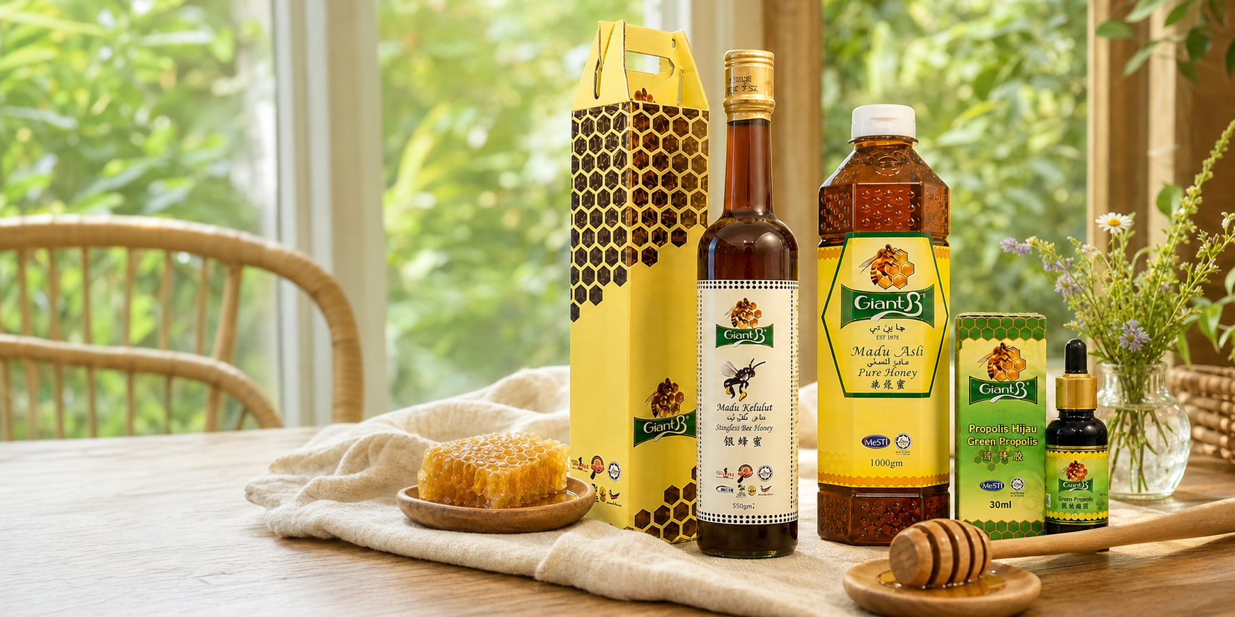 Giant B honey and bee products in a bright natural setting