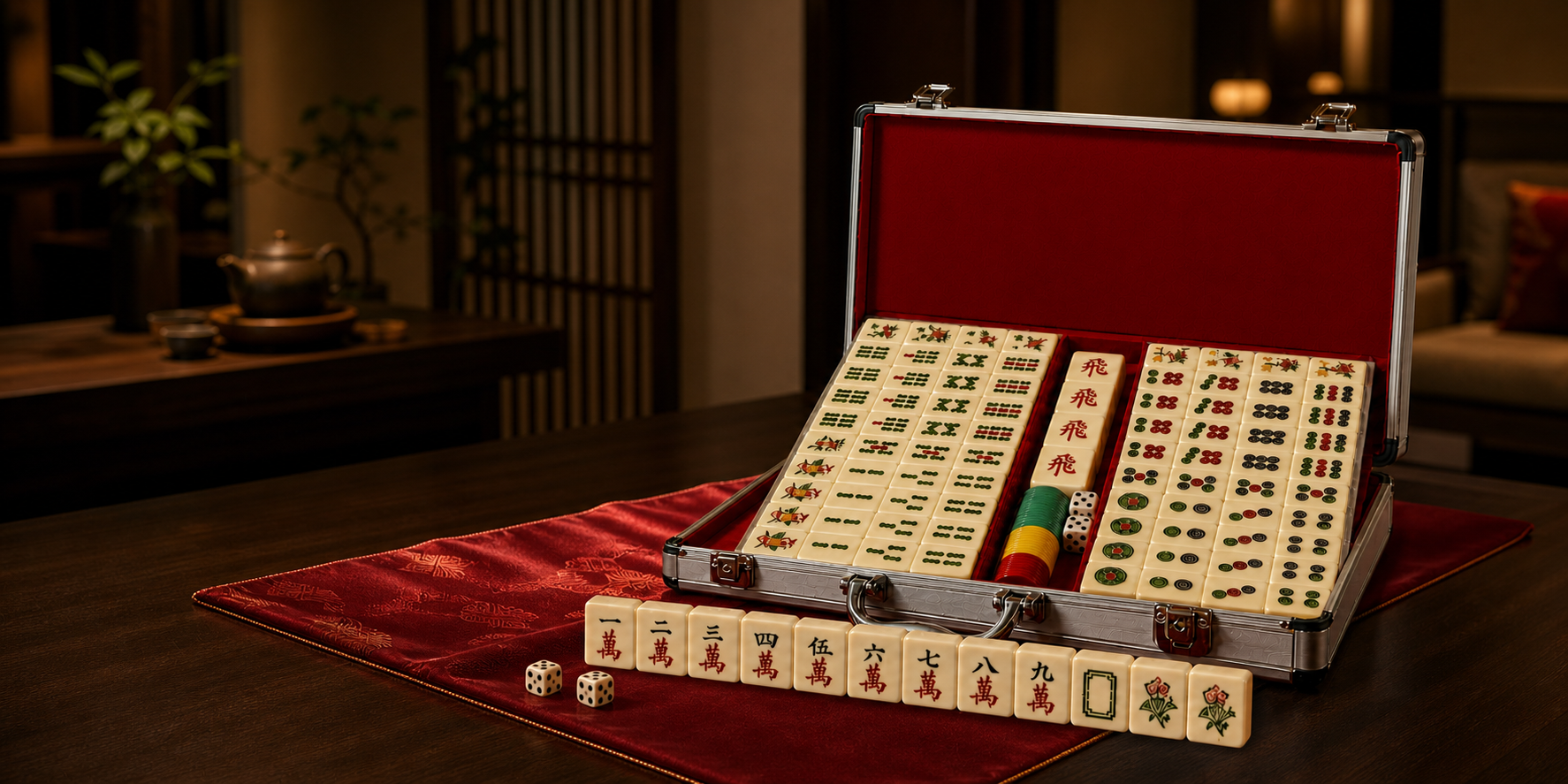 Hamisu mahjong set arranged on a warm walnut table