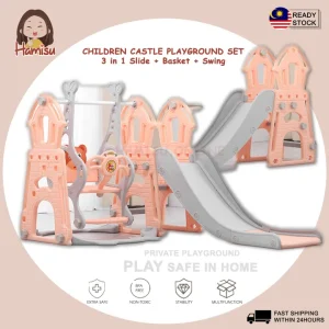 CHILDREN PLAYGROUND INDOOR CASTLE PLAYGROUND SET SWING SLIDE BASKET 3 IN 1 MINI PLAYGROUND